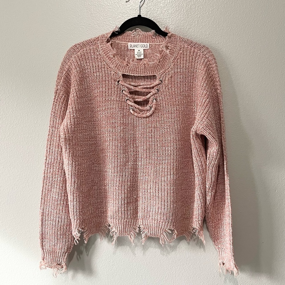 PLANET GOLD- Pink Crew Neck Sweater with Criss Cross Design on Neckline Size M